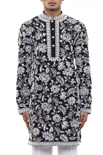 Black embroidered silk kurta set