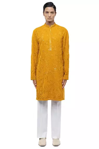 Yellow embroidered georgette kurta set