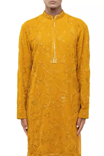 Yellow embroidered georgette kurta set
