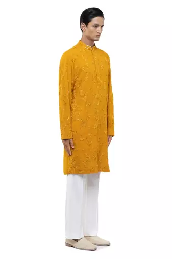 Yellow embroidered georgette kurta set