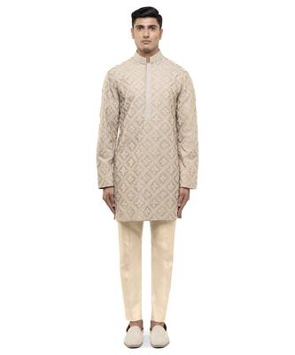 Beige embroidered silk kurta set 2