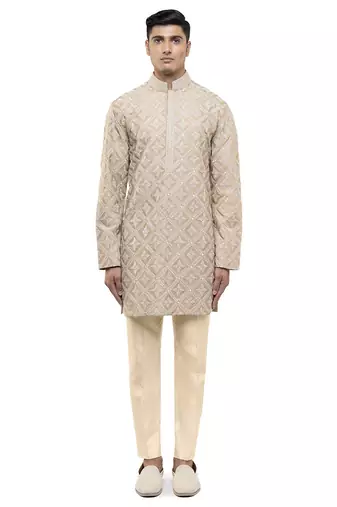 Beige embroidered silk kurta set