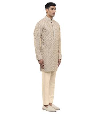Beige embroidered silk kurta set 3