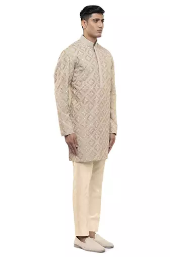 Beige embroidered silk kurta set