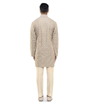 Beige embroidered silk kurta set 4