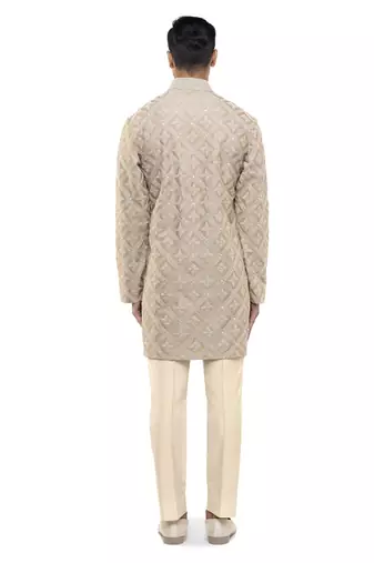Beige embroidered silk kurta set