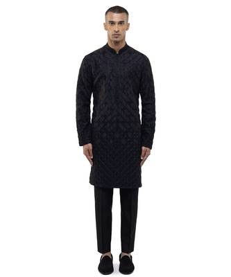 Black embroidered silk kurta set 1