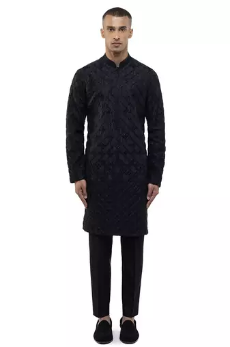 Black embroidered silk kurta set