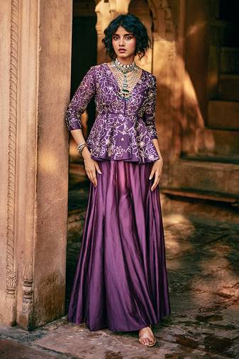 Purple embroidered silk kurta set