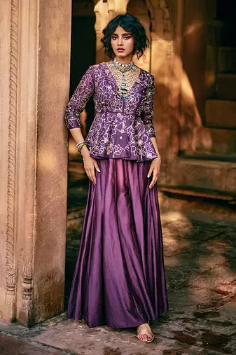 Purple embroidered silk kurta set