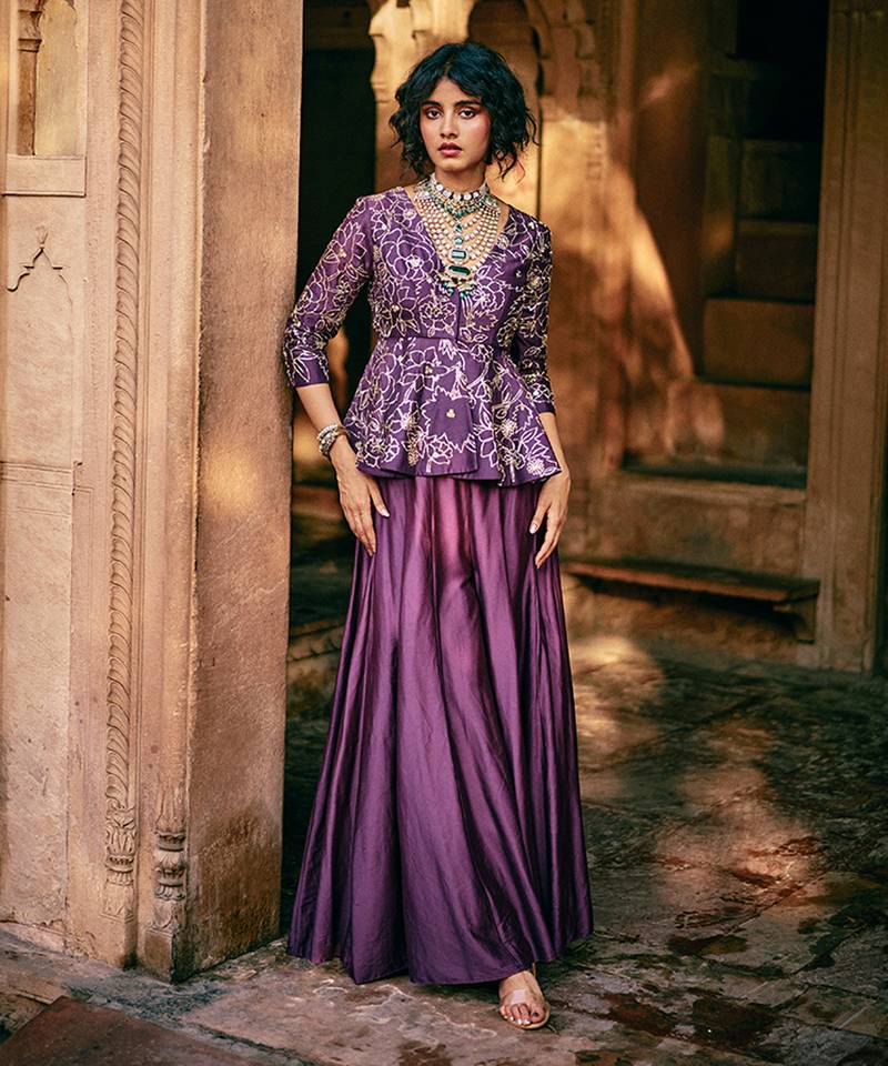 Purple embroidered silk kurta set