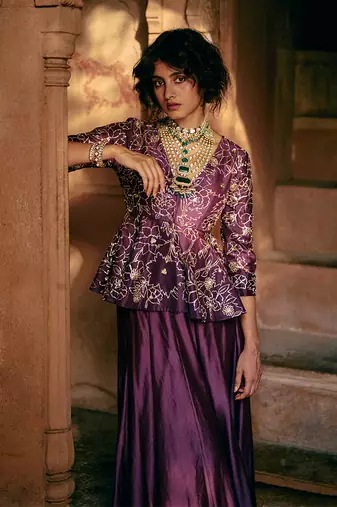 Purple embroidered silk kurta set