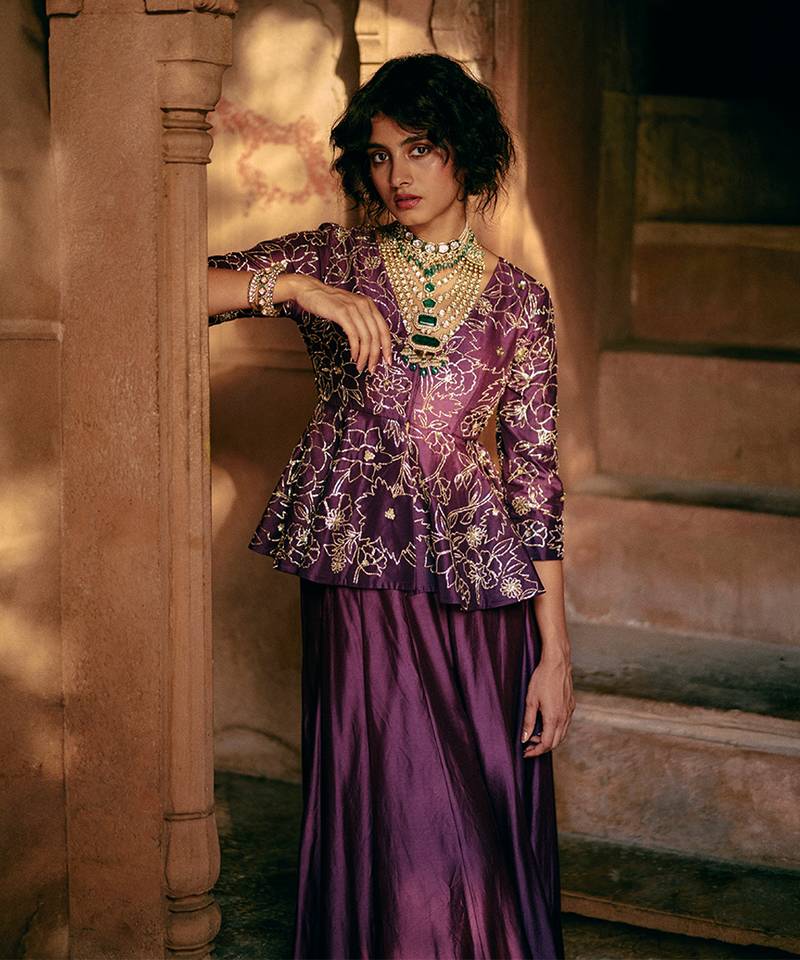 Purple embroidered silk kurta set
