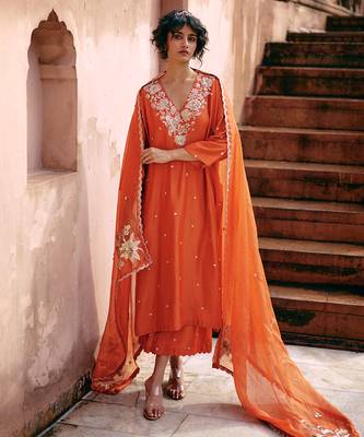 Rust embroidered modal silk kurta set 1