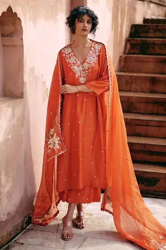 Rust embroidered modal silk kurta set