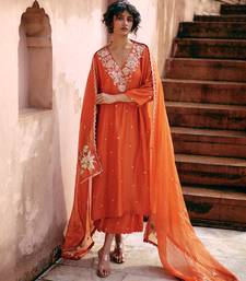 Rust embroidered modal silk kurta set