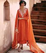 Rust embroidered modal silk kurta set