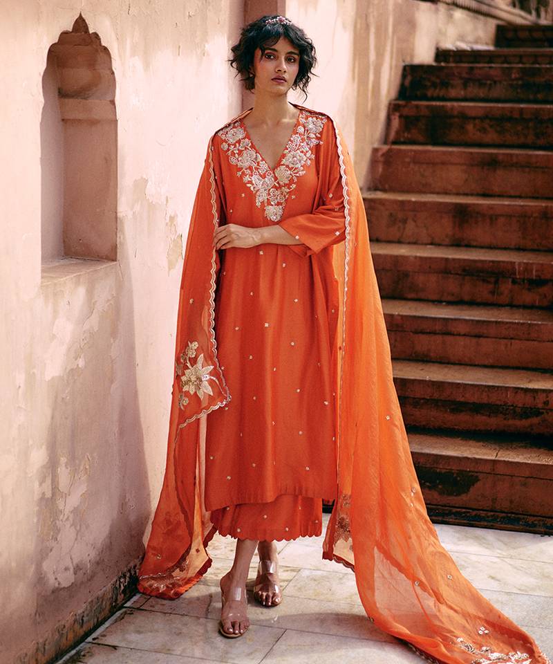 Rust embroidered modal silk kurta set