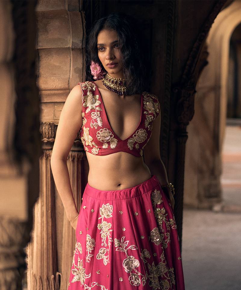 pink Floral printed silk Lehenga