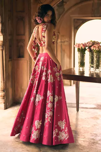pink Floral printed silk Lehenga