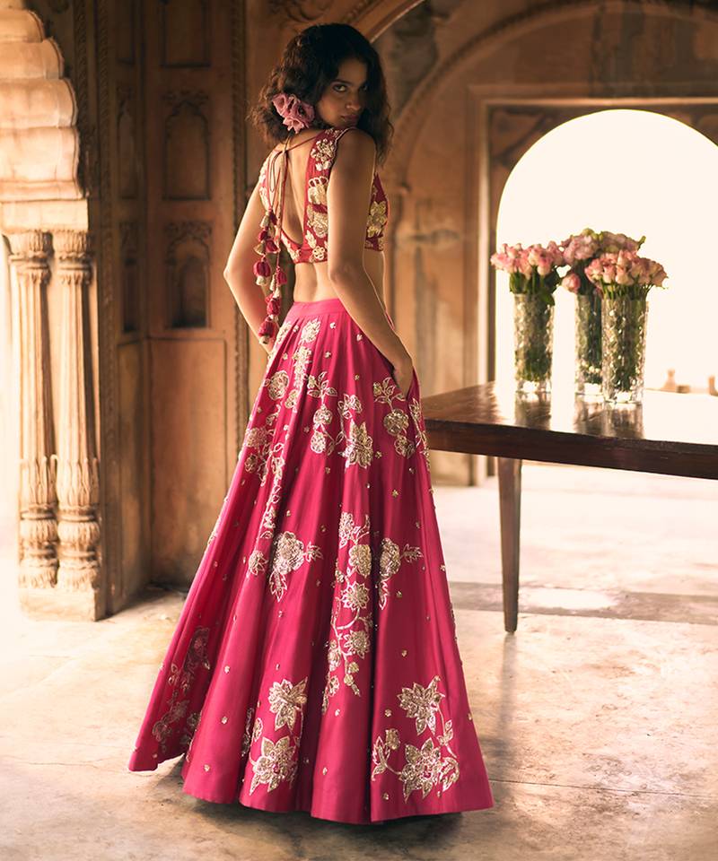 pink Floral printed silk Lehenga