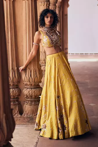 yellow Floral embroidered silk Lehenga