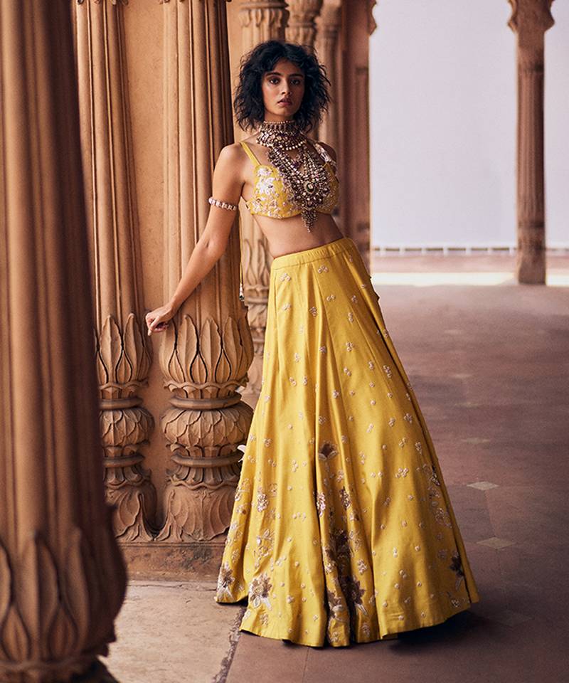 yellow Floral embroidered silk Lehenga