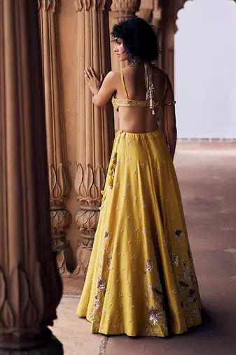 yellow Floral embroidered silk Lehenga
