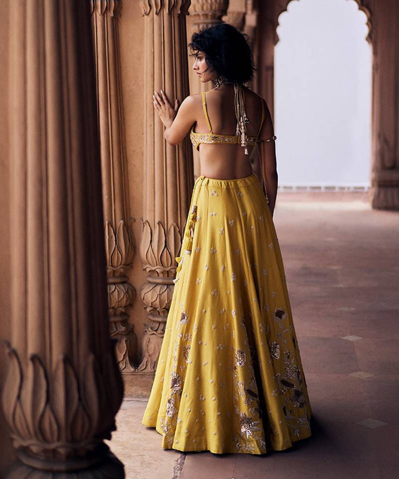 yellow Floral embroidered silk Lehenga