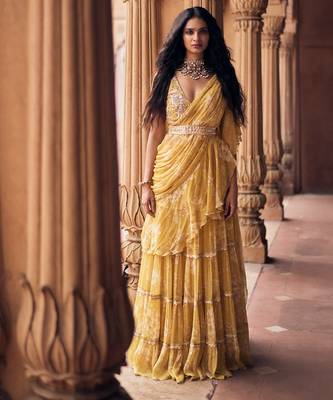Yellow floral printed chiffon saree with belt 1