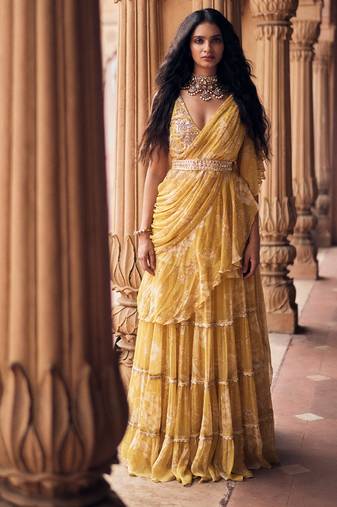 Yellow floral printed chiffon saree with belt