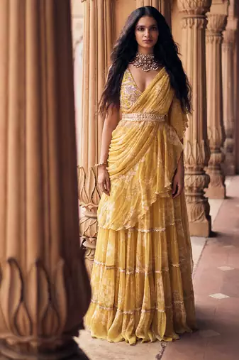 Yellow floral printed chiffon saree with belt