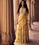 Yellow floral printed chiffon saree with belt