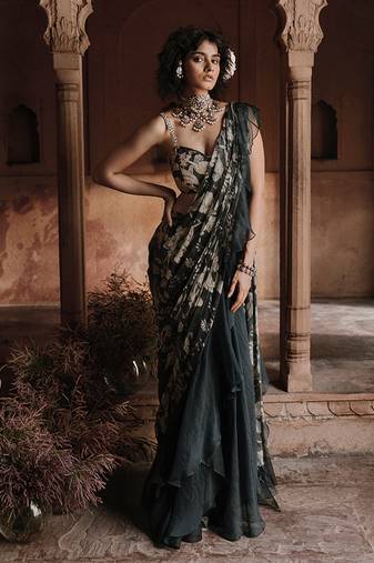 Navy blue floral printed georgette saree with jacket