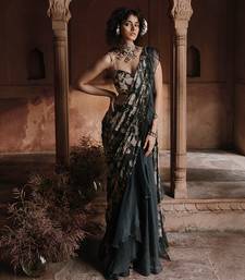 Navy blue floral printed georgette saree with jacket
