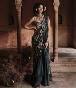 Navy blue floral printed georgette saree with jacket