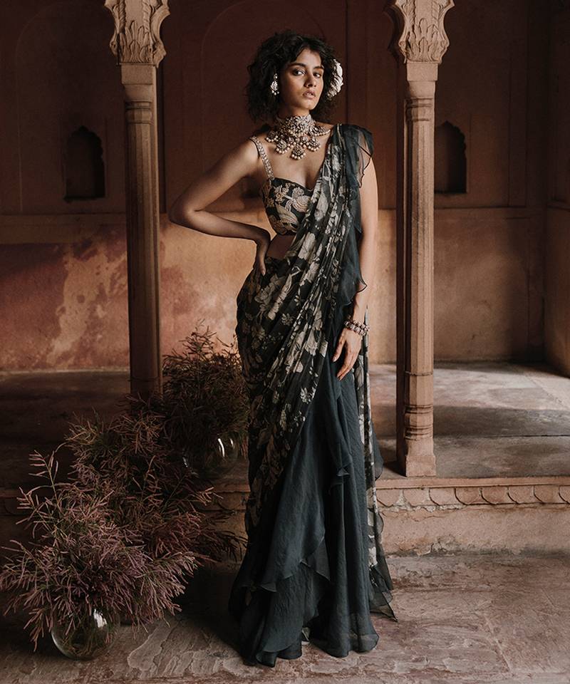 Navy blue floral printed georgette saree with jacket