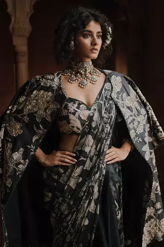 Navy blue floral printed georgette saree with jacket