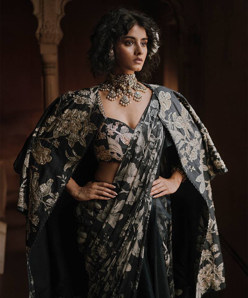 Navy blue floral printed georgette saree with jacket