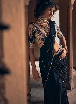 Black hand embroidered crepe saree with belt 4