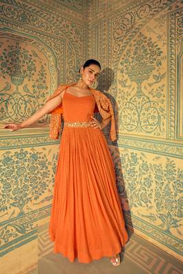 Orange embroidery ,sequins & moti georgette gown pant suit- free size stitched(size upto 42") 1