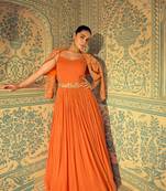 Orange embroidery ,sequins & moti georgette gown pant suit- free size stitched(size upto 42")