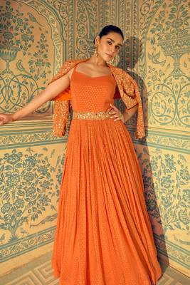 Orange embroidery ,sequins & moti georgette gown pant suit- free size stitched(size upto 42") 2