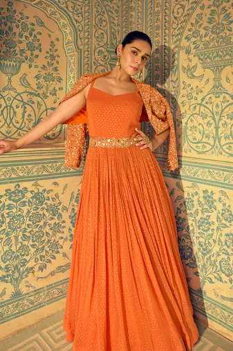 Orange embroidery ,sequins & moti georgette gown pant suit- free size stitched(size upto 42")