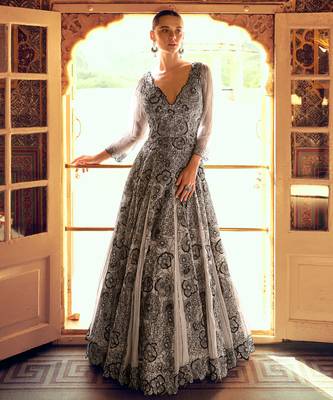 Grey embroidery sequins & moti georgette only gown - free size stitched(size upto 42") 1