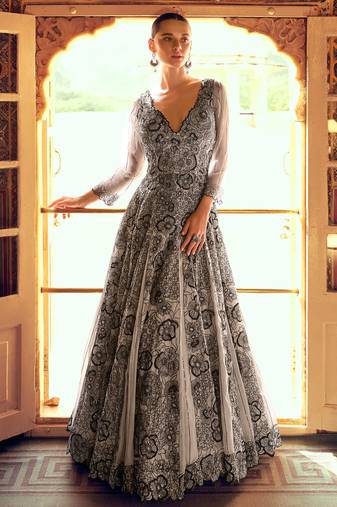 Grey embroidery  , sequins & moti georgette gown pant suit- free size stitched(size upto 42")