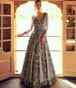 Grey embroidery  , sequins & moti georgette gown pant suit- free size stitched(size upto 42")