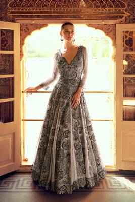 Grey embroidery sequins & moti georgette only gown - free size stitched(size upto 42") 2