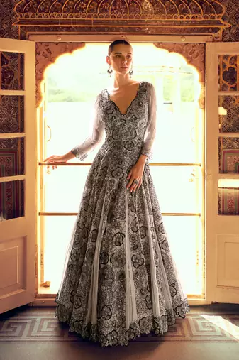 Grey embroidery sequins & moti georgette only gown - free size stitched(size upto 42")