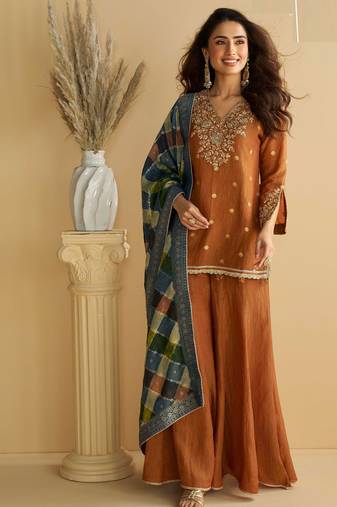 Rust zari embroidery , sequins , beads & printed chinnon straight sharara suit- free size stitched(size upto 42")